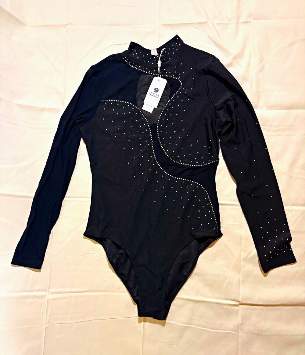 iEFiEL Women’s Black Long Sleeve Rhinestone Knit Polyester Dance Leotard L